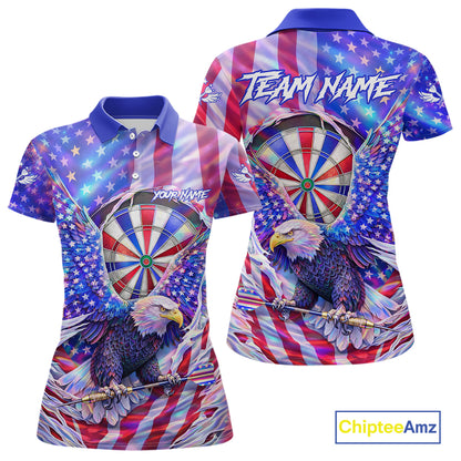 Funny Eagle Freedom Patriotic Darts Polo Shirt For Women Custom Holographic US Flag Dart Jerseys NYN2520