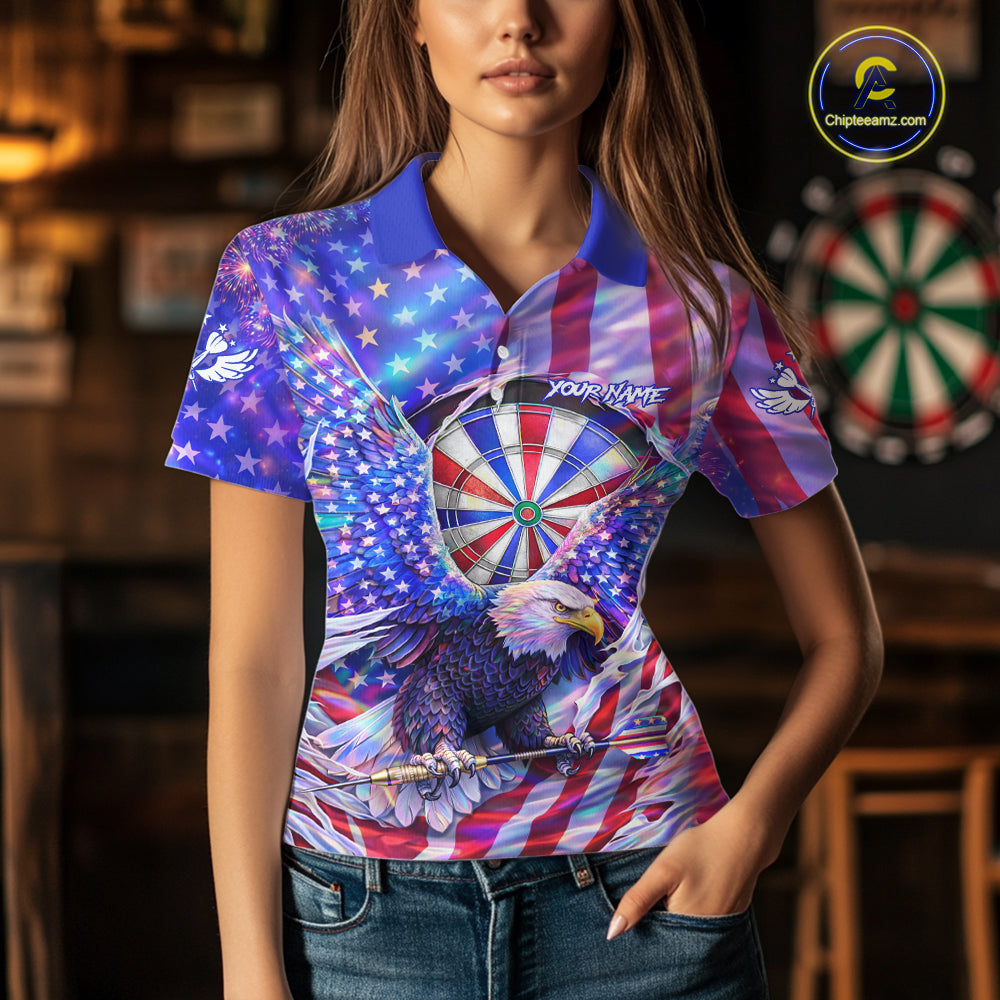 Funny Eagle Freedom Patriotic Darts Polo Shirt For Women Custom Holographic US Flag Dart Jerseys NYN2520