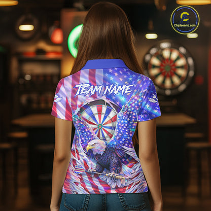 Funny Eagle Freedom Patriotic Darts Polo Shirt For Women Custom Holographic US Flag Dart Jerseys NYN2520