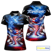 Load image into Gallery viewer, Personalized Fire Flame American Flag Tornado Bowling Team Shirts For Women Patriotic Bowling Gifts NYN2723