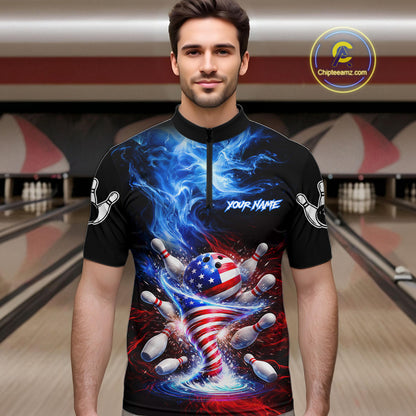 Personalized Fire Flame American Flag Tornado Bowling Team Shirts For Men Patriotic Bowling Gifts NYN2723