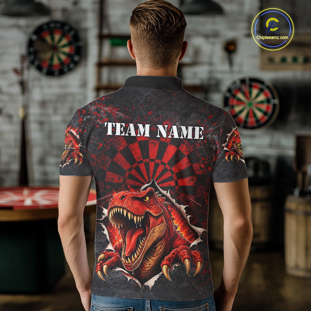 Custom Red Grunge Dart Polo & Quarter Zip Shirt For Men Dinosaur Funny Darts Team Jersey NYN2868