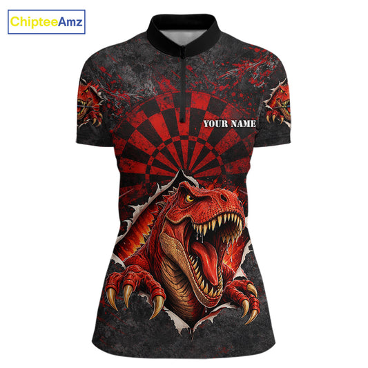 Custom Red Grunge Dart Polo & Quarter Zip Shirt For Women Dinosaur Funny Darts Team Jersey NYN2868
