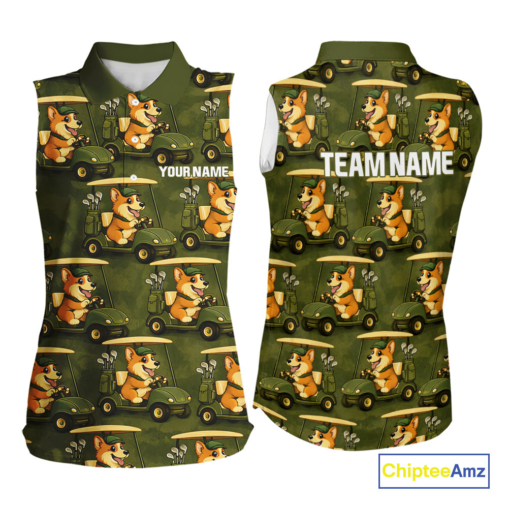 Funny Women Golf Sleeveless Polo Shirt Custom Brown And Green Golfing Dog Pattern Golf Clothing Shirts NYN2872