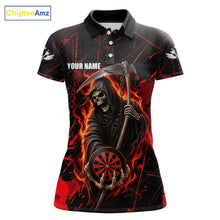 Load image into Gallery viewer, Fire Flame Red Grim Reaper Darts Polo &amp; 1/4-Zip Shirt Custom Red Grunge Dart Jersey For Women NYN3083