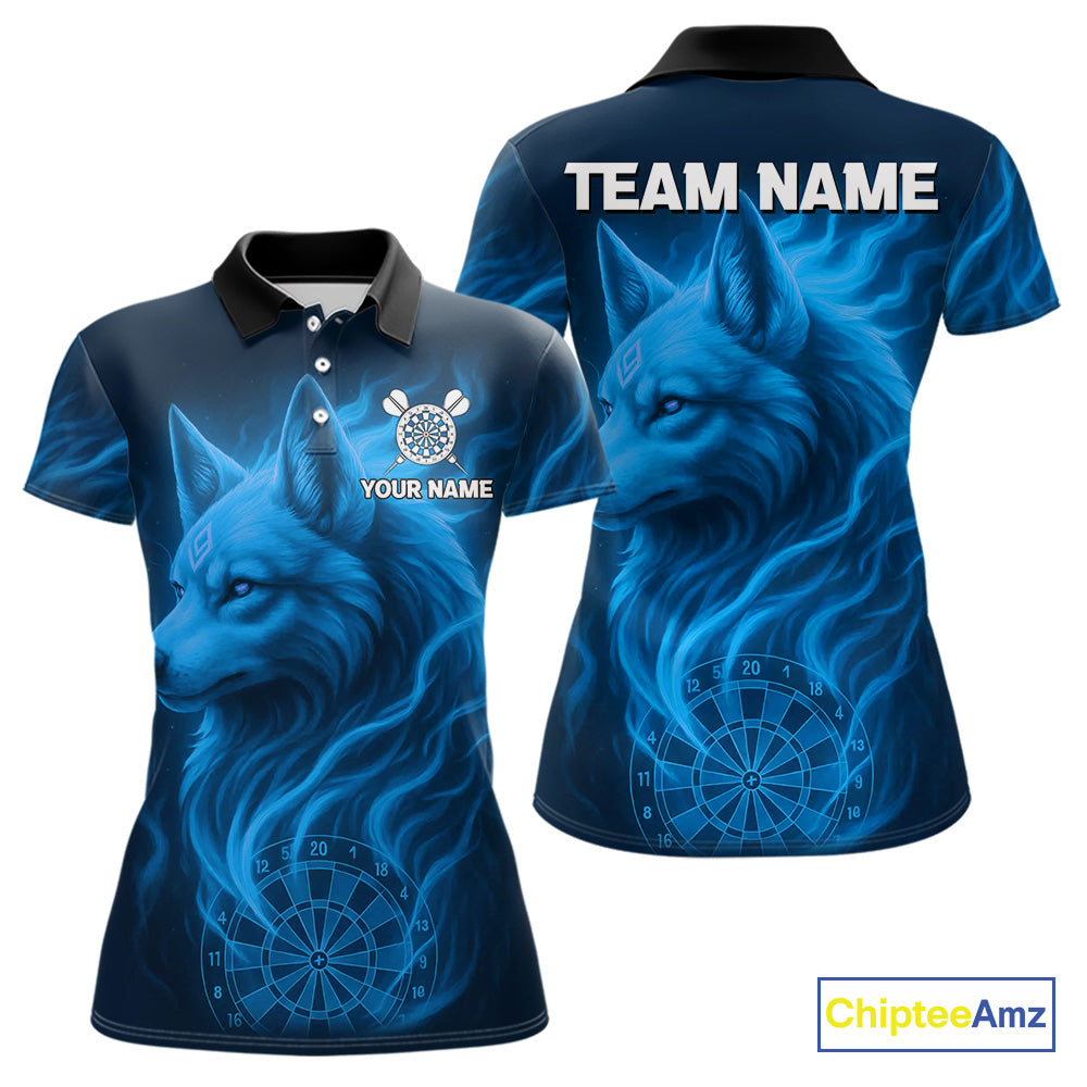 Blue Flaming Wolf Dartboard Darts Shirt For Women - Custom Team Jersey For Players NYN0575
