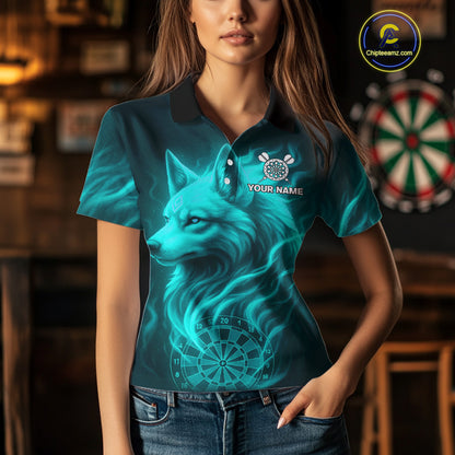 Turquoise Flaming Wolf Dartboard Darts Shirt For Women - Custom Team Jersey For Players NYN0576