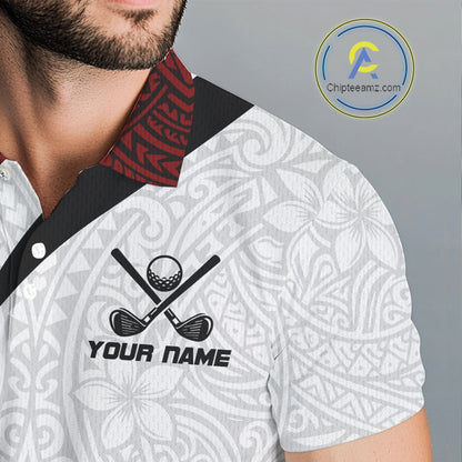 Men's model wearing Tribal Pattern Golf Polo Shirt, personalized golf attire, tribal performance polo, golf club uniform, stylish golf fashion, custom team golf apparel.