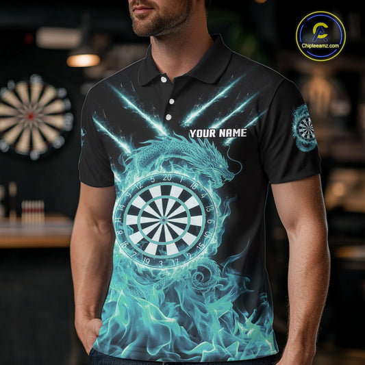 Custom Lightning Dragon Turquoise Flames Dartboard Dart Men Polo Jerseys Dart Team Shirt NYN1705