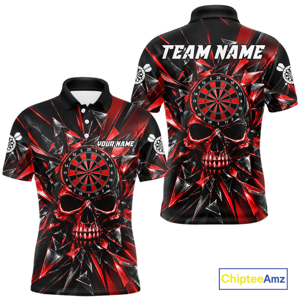 Broken Glass Skull Darts Polo 1/4-Zip Shirt For Men Custom Black & Red Darts Team Apparel Jersey NYN4895