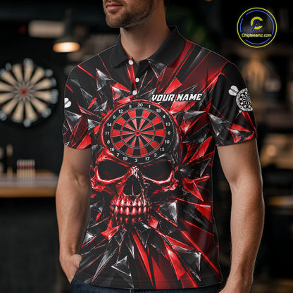 Broken Glass Skull Darts Polo 1/4-Zip Shirt For Men Custom Black & Red Darts Team Apparel Jersey NYN4895