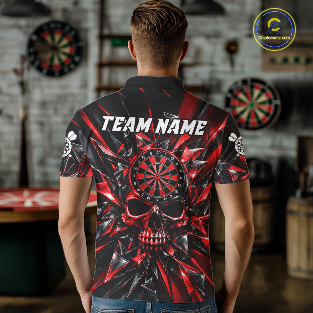 Broken Glass Skull Darts Polo 1/4-Zip Shirt For Men Custom Black & Red Darts Team Apparel Jersey NYN4895