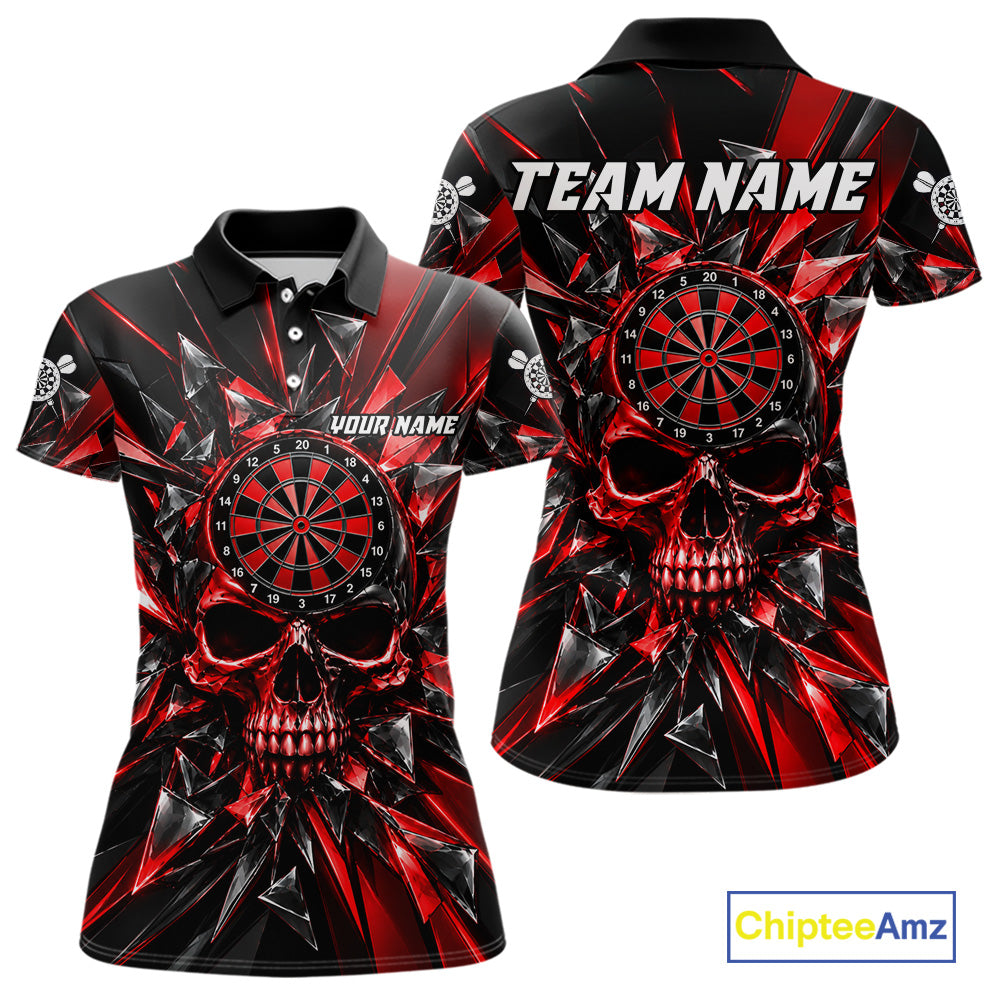 Broken Glass Skull Darts Polo 1/4-Zip Shirt For Women Custom Black & Red Darts Team Apparel Jersey NYN4895