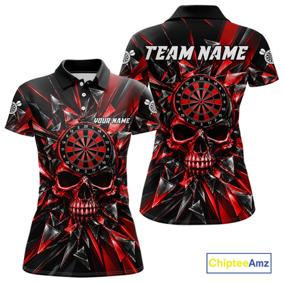 Broken Glass Skull Darts Polo 1/4-Zip Shirt For Women Custom Black & Red Darts Team Apparel Jersey NYN4895