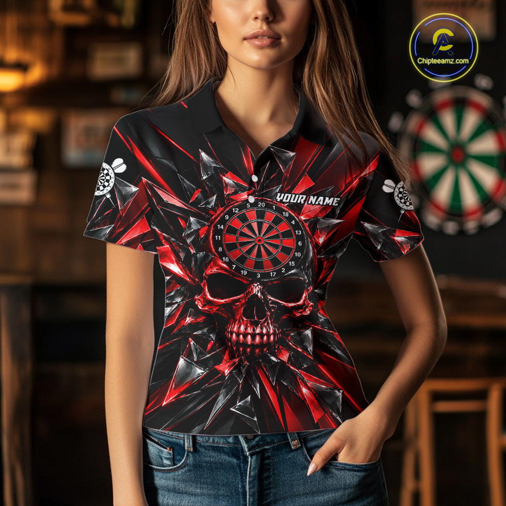 Broken Glass Skull Darts Polo 1/4-Zip Shirt For Women Custom Black & Red Darts Team Apparel Jersey NYN4895