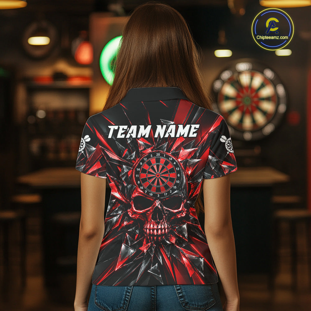 Broken Glass Skull Darts Polo 1/4-Zip Shirt For Women Custom Black & Red Darts Team Apparel Jersey NYN4895