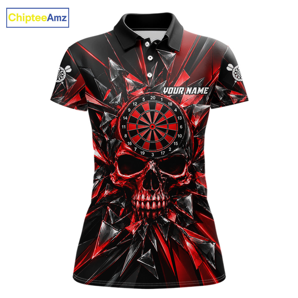 Broken Glass Skull Darts Polo 1/4-Zip Shirt For Women Custom Black & Red Darts Team Apparel Jersey NYN4895