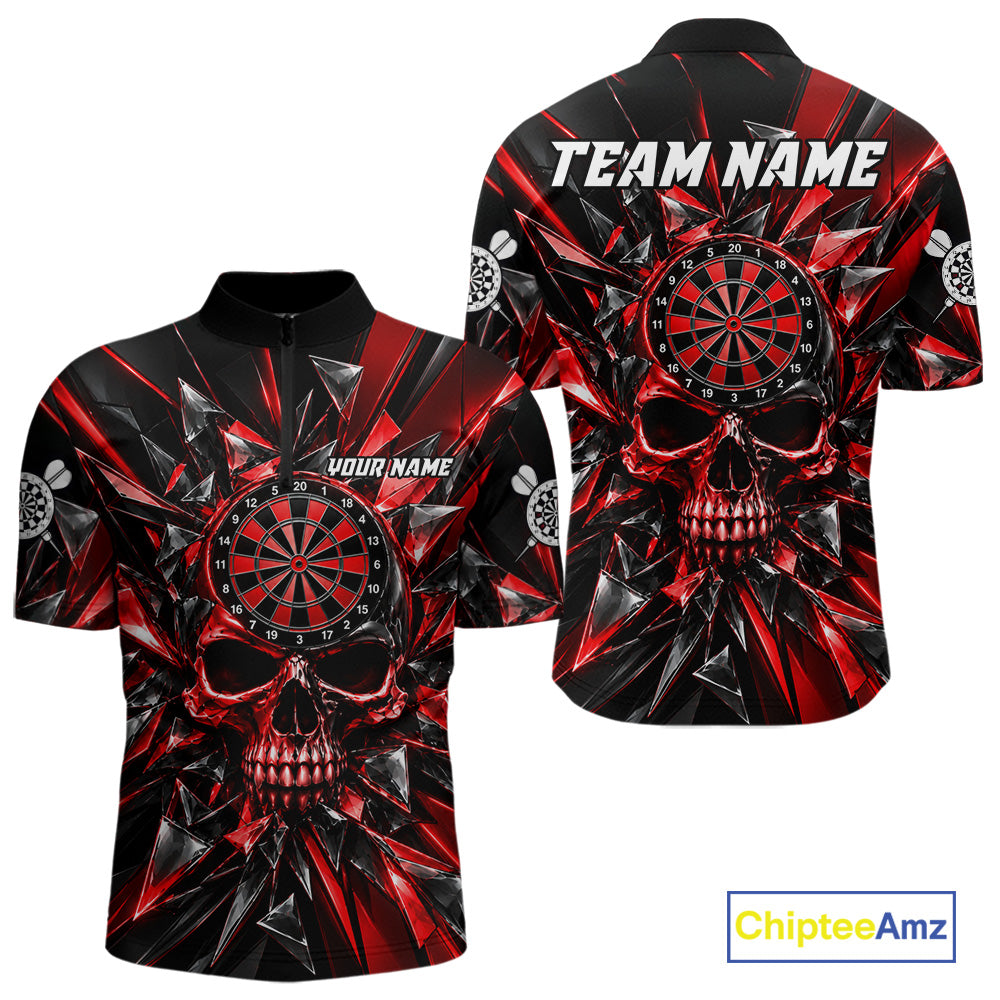 Broken Glass Skull Darts Polo 1/4-Zip Shirt For Men Custom Black & Red Darts Team Apparel Jersey NYN4895