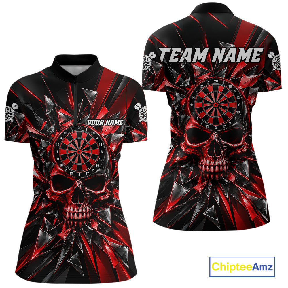 Broken Glass Skull Darts Polo 1/4-Zip Shirt For Women Custom Black & Red Darts Team Apparel Jersey NYN4895