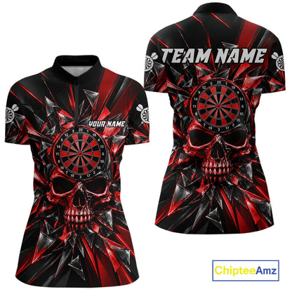 Broken Glass Skull Darts Polo 1/4-Zip Shirt For Women Custom Black & Red Darts Team Apparel Jersey NYN4895