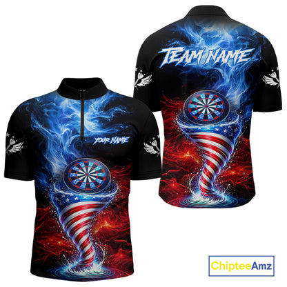 Blue & Red US Flag Dartboard Tornado Men Darts Quarter-zip Shirt Custom Patriotic Dart Team Jerseys NYN2524