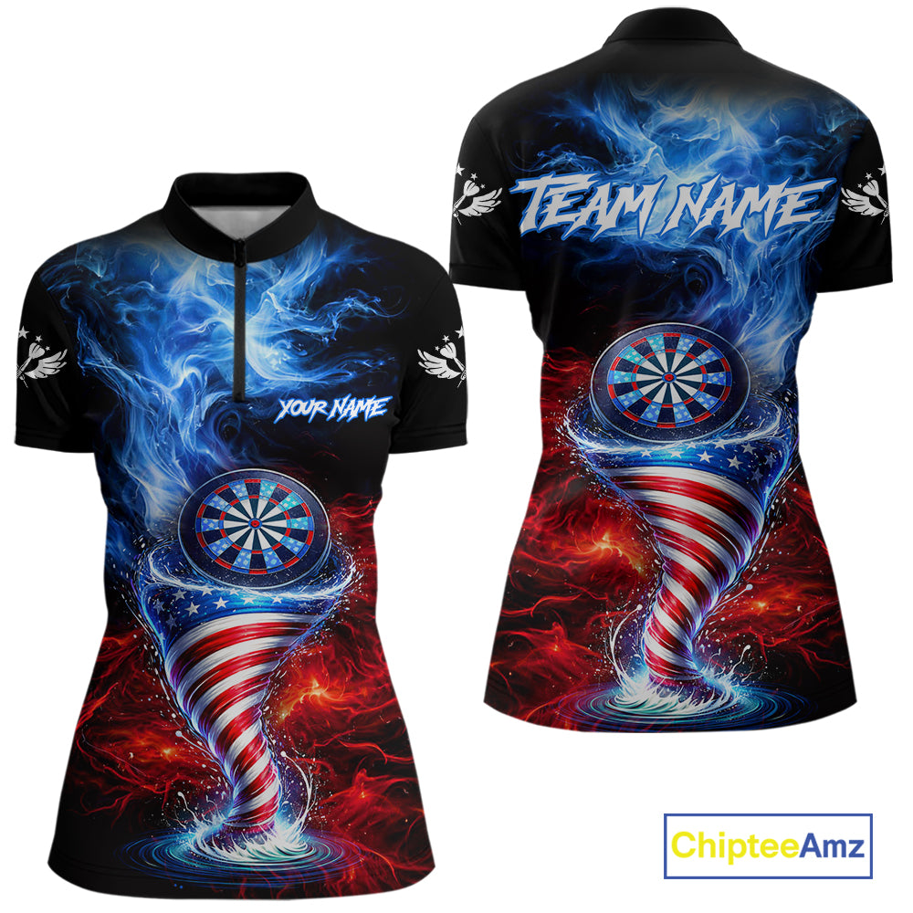 Blue & Red US Flag Dartboard Tornado Women Darts Quarter-Zip Shirt Custom Patriotic Dart Team Jerseys NYN2524