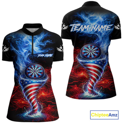 Blue & Red US Flag Dartboard Tornado Women Darts Quarter-Zip Shirt Custom Patriotic Dart Team Jerseys NYN2524