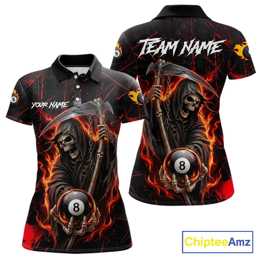 Fire Flame 8 Ball Pool Women Billiard Shirt Custom Red Grunge Grim Reaper Billiard Jersey For Pooler NYN3087