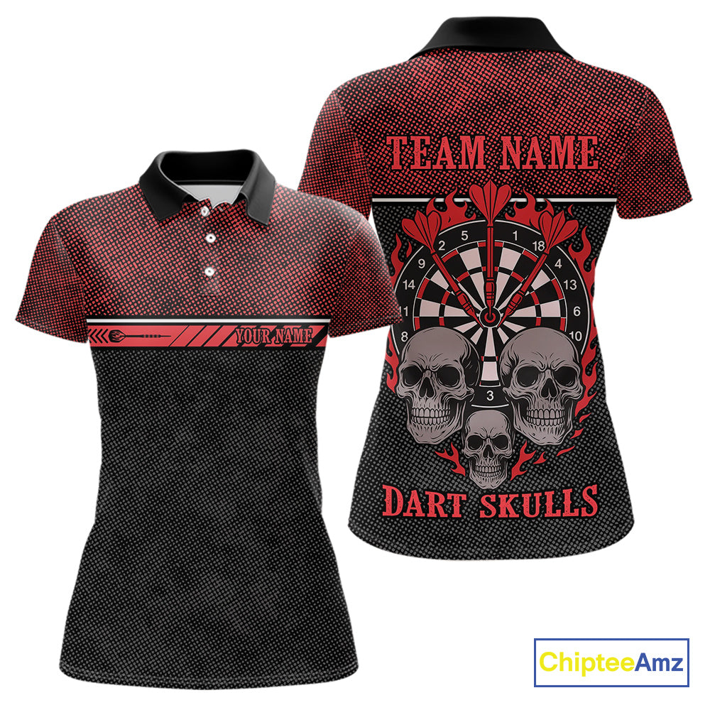 Women’s Custom Darts Shirt With Flaming Darts & Skulls And Crimson Halftone Pattern NYN0314