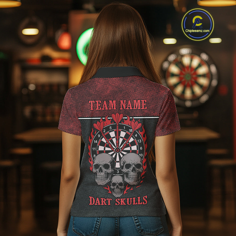 Women’s Custom Darts Shirt With Flaming Darts & Skulls And Crimson Halftone Pattern NYN0314