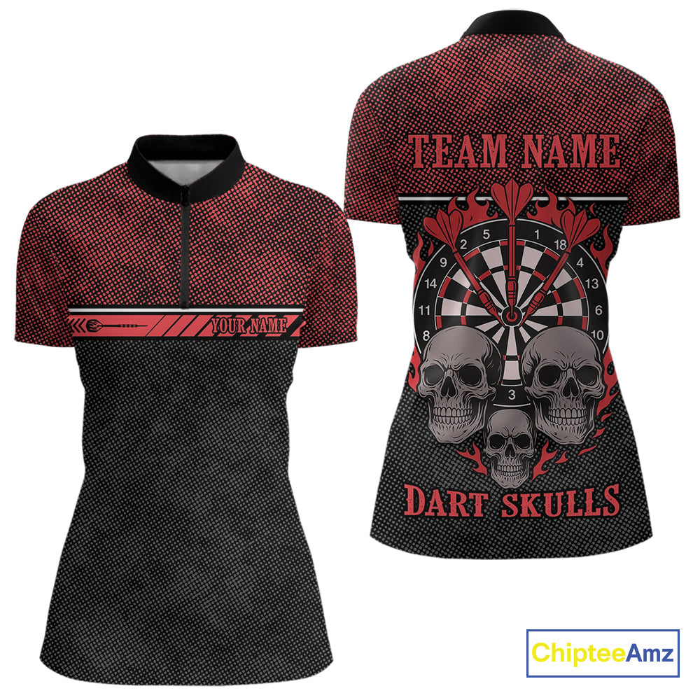 Women’s Custom Darts Shirt With Flaming Darts & Skulls And Crimson Halftone Pattern NYN0314