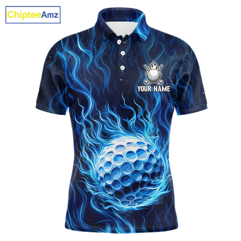 Mens Golf Polo Shirt Personalized Fire Flame Golf Ball Clothing Golf Tops For Golfers | Blue NYN3259