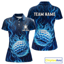 Load image into Gallery viewer, Womens Golf Polo Shirt Personalized Fire Flame Golf Ball Clothing Golf Tops For Golfers | Blue NYN3259