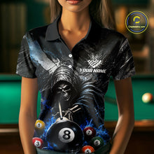 Load image into Gallery viewer, Female billiards player wearing Blue White Smokes Grim Reaper pool jersey during competitive league play