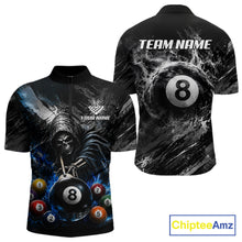Load image into Gallery viewer, Blue White Smokes Grim Reaper men's quarter zip billiard shirt custom pool team jersey, cue sports apparel