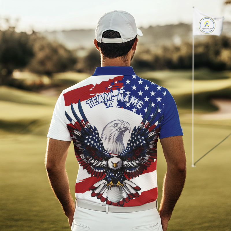 Men's model wearing US Flag Eagle Golf Polo Shirt, patriotic golf apparel, custom golf team clothing, veteran golf outfit, American flag golf fashion, performance polo.
