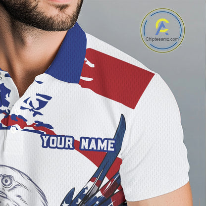 Men's model wearing US Flag Eagle Golf Polo Shirt, patriotic golf apparel, custom golf team clothing, veteran golf outfit, American flag golf fashion, performance polo.