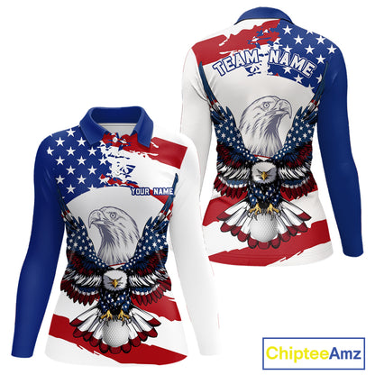 US Flag Eagle Women's Golf Polo Shirt mockup with patriotic eagle artwork, personalized golf polo, custom golf team apparel, moisture-wicking performance golf shirt, USA golf clothing, golf tournament uniform.