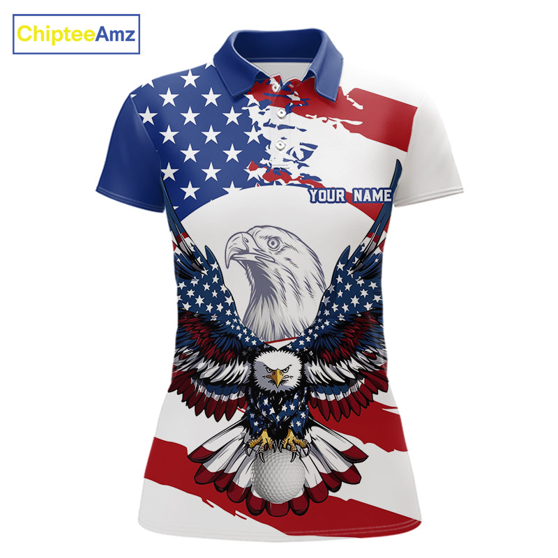 US Flag Eagle Women's Golf Polo Shirt mockup with patriotic eagle artwork, personalized golf polo, custom golf team apparel, moisture-wicking performance golf shirt, USA golf clothing, golf tournament uniform.