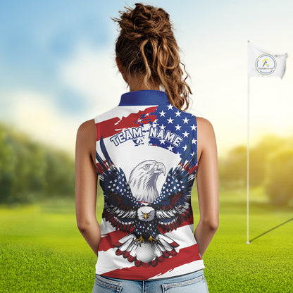 Women's model wearing US Flag Eagle Golf Polo Shirt, patriotic golf apparel, custom golf team outfit, American eagle golf clothing, performance golf fashion, golf club uniform, USA pride sportswear.
