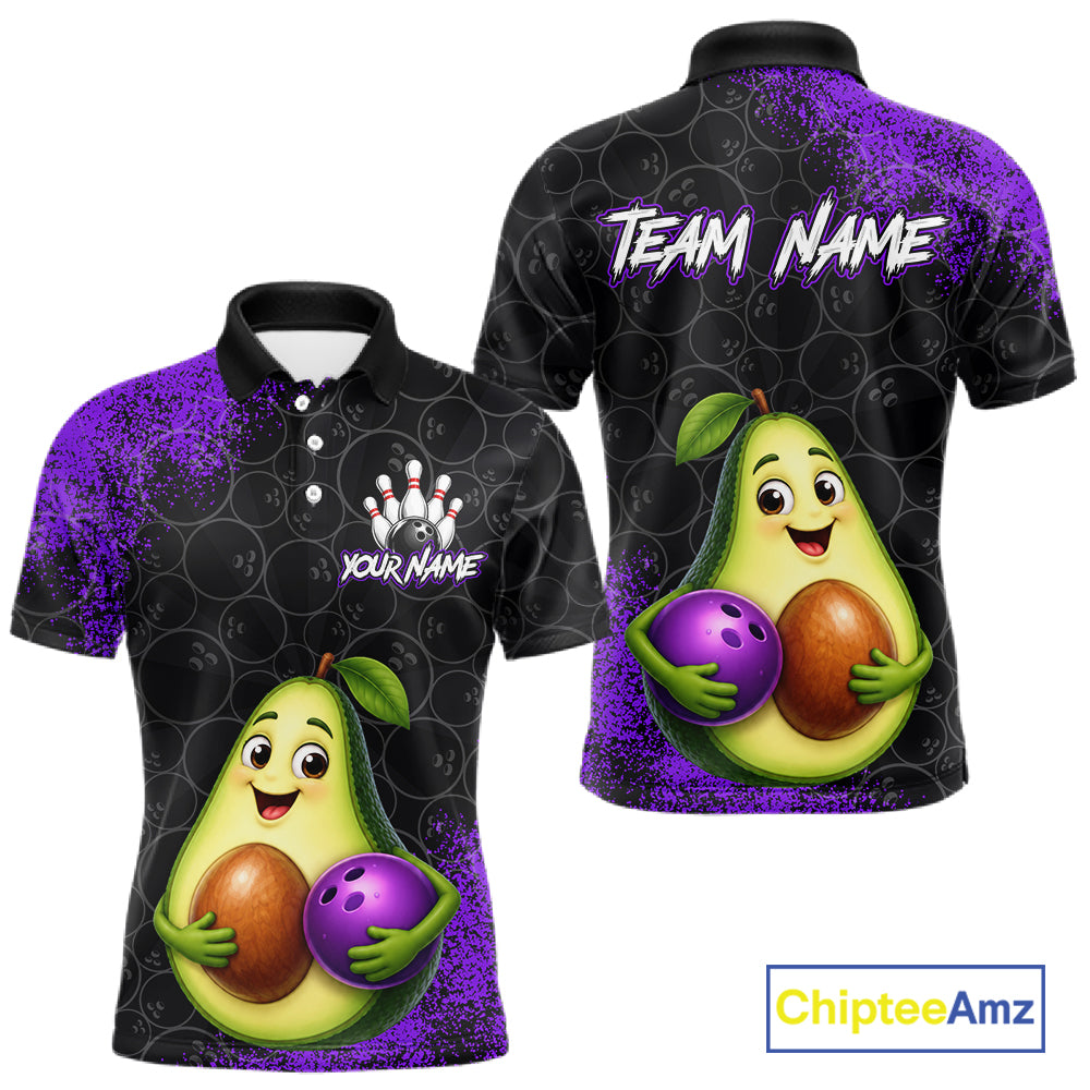 Purple Grunge Bowling Ball Pattern Jersey Custom Funny Avocado Bowling Polo 1/4-Zip Shirt For Men NYN4528
