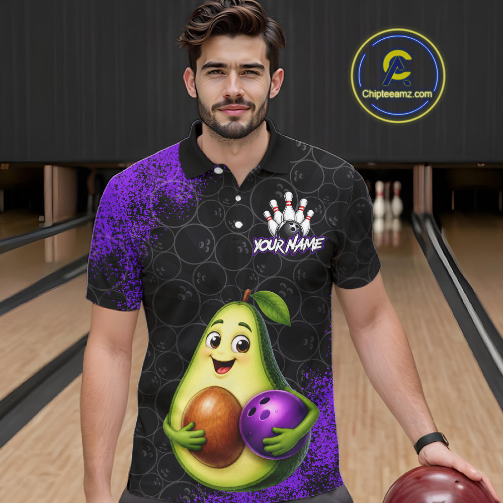 Purple Grunge Bowling Ball Pattern Jersey Custom Funny Avocado Bowling Polo 1/4-Zip Shirt For Men NYN4528