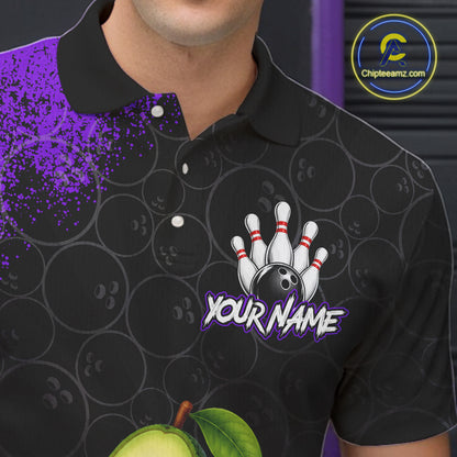 Purple Grunge Bowling Ball Pattern Jersey Custom Funny Avocado Bowling Polo 1/4-Zip Shirt For Men NYN4528