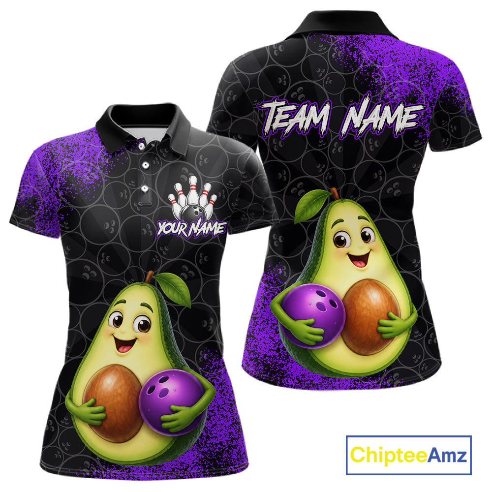 Purple Grunge Bowling Ball Pattern Jersey Custom Funny Avocado Bowling Polo 1/4-Zip Shirt For Women NYN4528