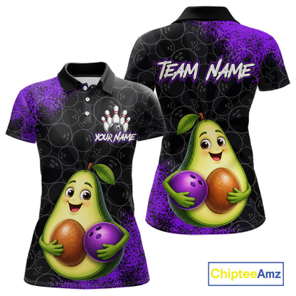 Purple Grunge Bowling Ball Pattern Jersey Custom Funny Avocado Bowling Polo 1/4-Zip Shirt For Women NYN4528