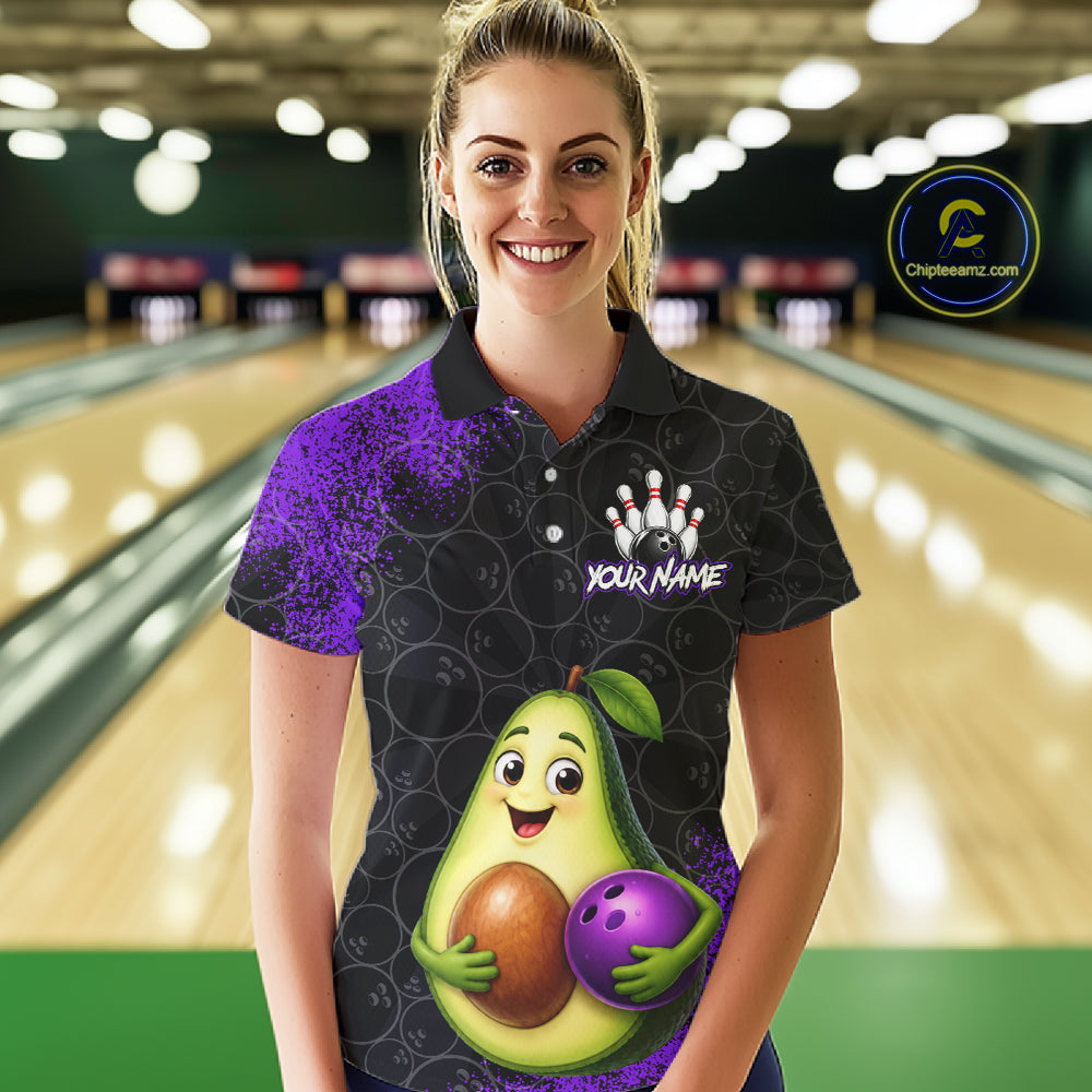 Purple Grunge Bowling Ball Pattern Jersey Custom Funny Avocado Bowling Polo 1/4-Zip Shirt For Women NYN4528