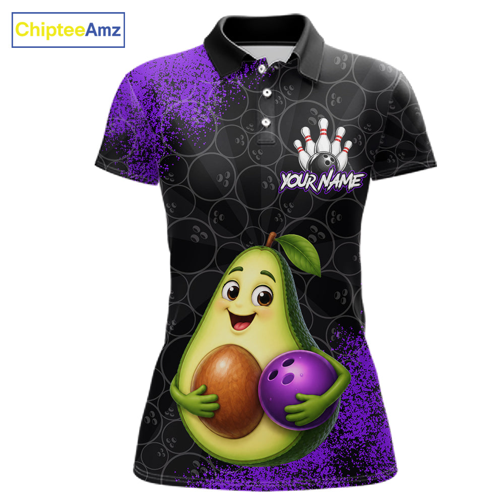 Purple Grunge Bowling Ball Pattern Jersey Custom Funny Avocado Bowling Polo 1/4-Zip Shirt For Women NYN4528