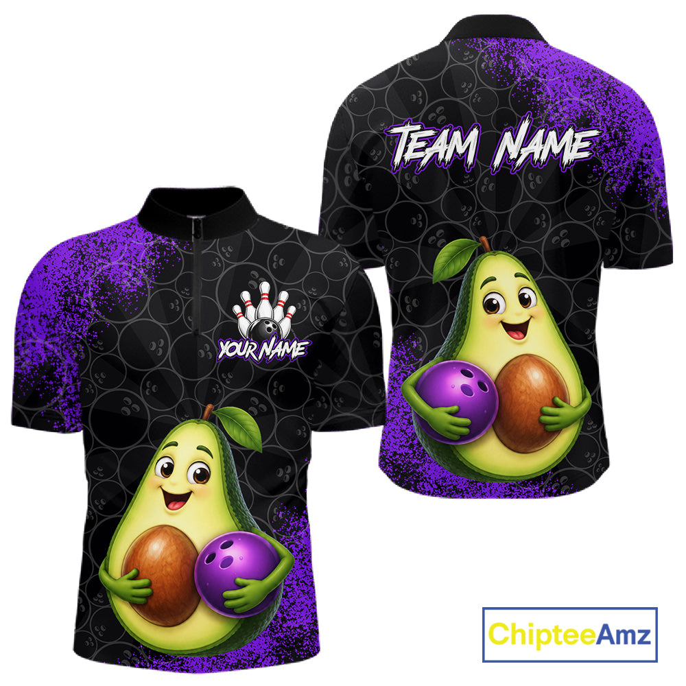 Purple Grunge Bowling Ball Pattern Jersey Custom Funny Avocado Bowling Polo 1/4-Zip Shirt For Men NYN4528
