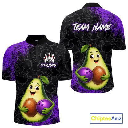 Purple Grunge Bowling Ball Pattern Jersey Custom Funny Avocado Bowling Polo 1/4-Zip Shirt For Men NYN4528