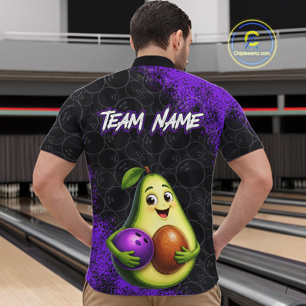 Purple Grunge Bowling Ball Pattern Jersey Custom Funny Avocado Bowling Polo 1/4-Zip Shirt For Men NYN4528